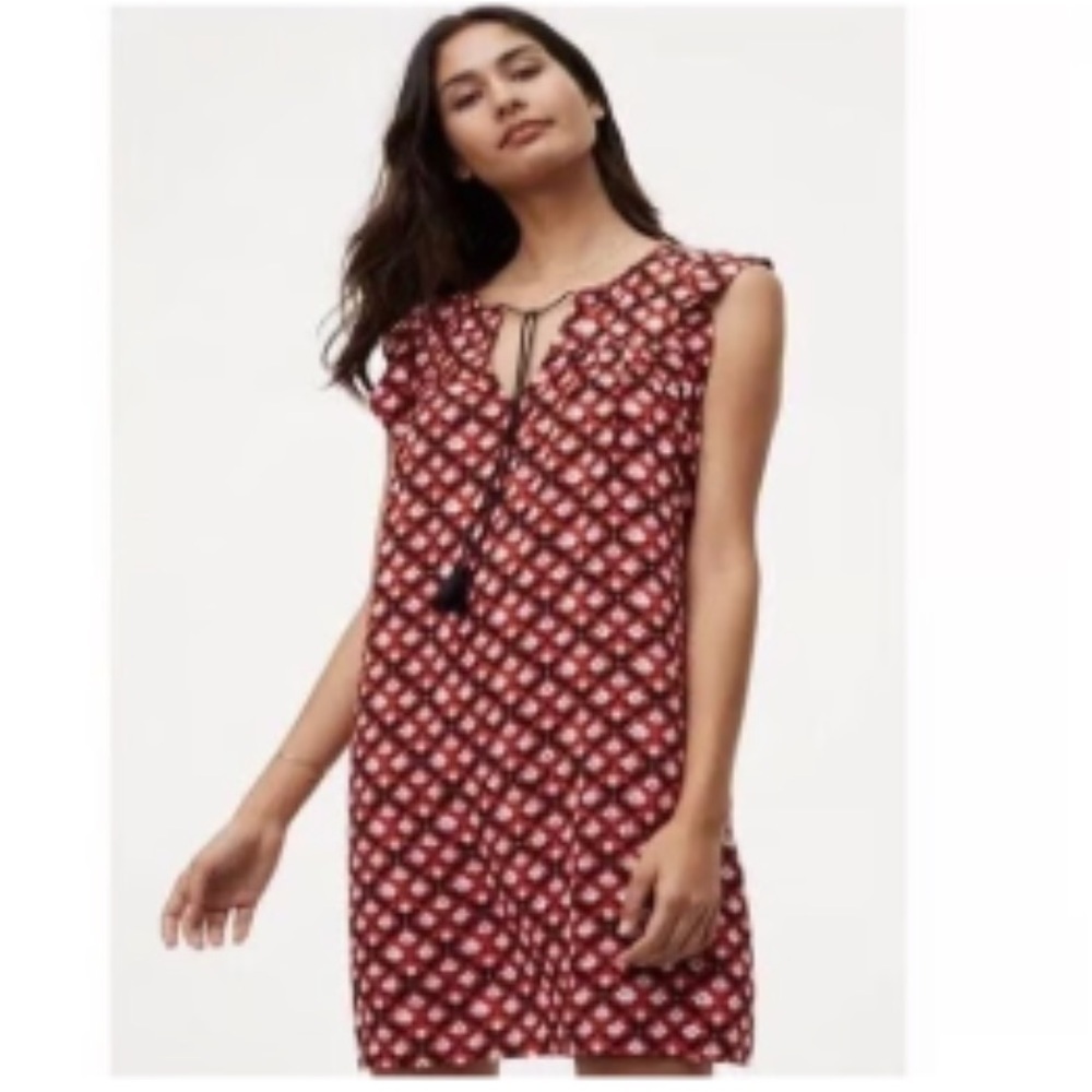 LOFT Womens Red Tassel Tie Ruffle Sleeve Abstract Floral Mini Shift Dress Large